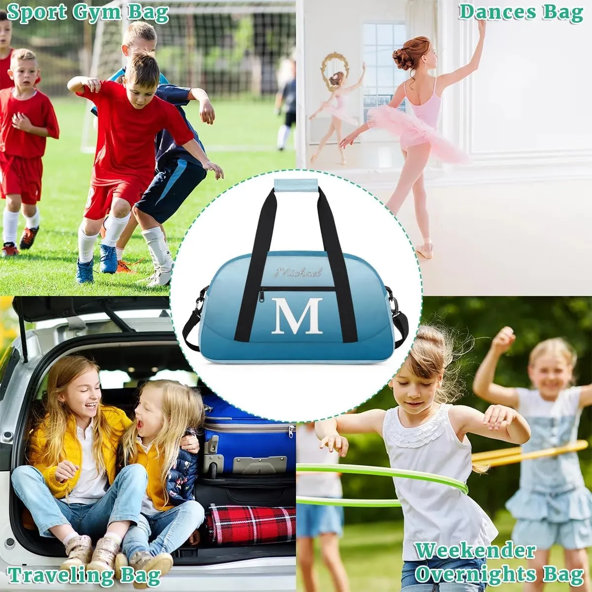 Custom Small Gym Bag, Lightweight Sports Travel Duffel Bag, Customized Initial Weekender Overnight Bag for Beach Swim Pool Sports Gym, Blue White