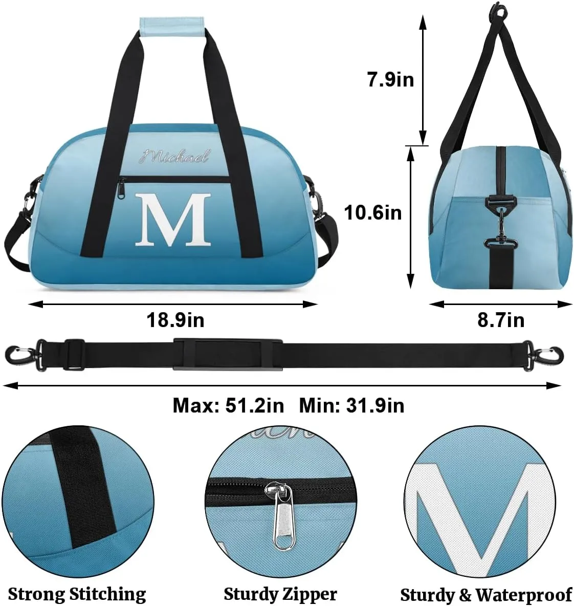 Custom Small Gym Bag, Lightweight Sports Travel Duffel Bag, Customized Initial Weekender Overnight Bag for Beach Swim Pool Sports Gym, Blue White