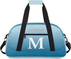 Custom Small Gym Bag, Lightweight Sports Travel Duffel Bag, Customized Initial Weekender Overnight Bag for Beach Swim Pool Sports Gym, Blue White