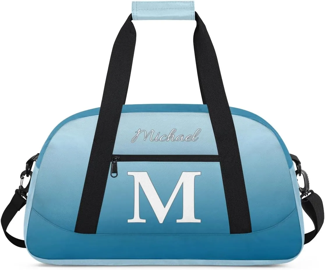 Custom Small Gym Bag, Lightweight Sports Travel Duffel Bag, Customized Initial Weekender Overnight Bag for Beach Swim Pool Sports Gym, Blue White