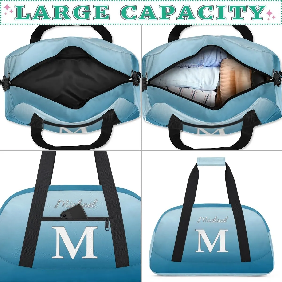 Custom Small Gym Bag, Lightweight Sports Travel Duffel Bag, Customized Initial Weekender Overnight Bag for Beach Swim Pool Sports Gym, Blue White