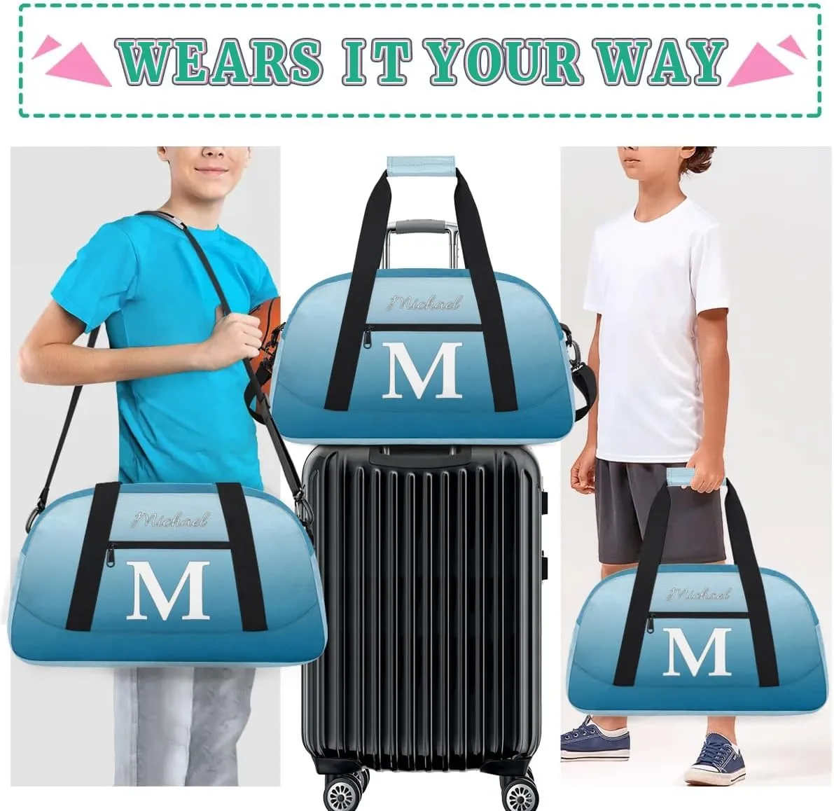 Custom Small Gym Bag, Lightweight Sports Travel Duffel Bag, Customized Initial Weekender Overnight Bag for Beach Swim Pool Sports Gym, Blue White