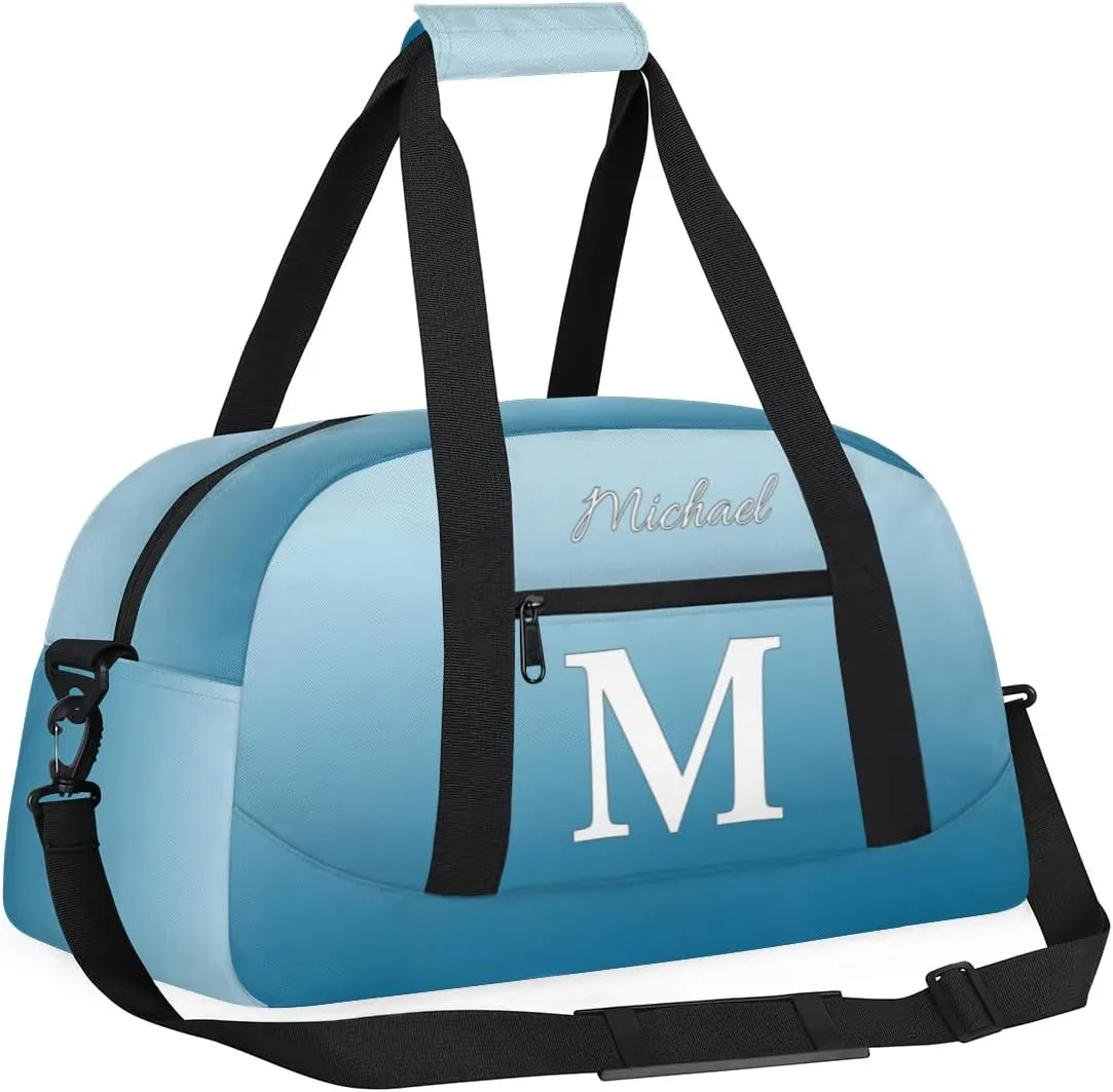 Custom Small Gym Bag, Lightweight Sports Travel Duffel Bag, Customized Initial Weekender Overnight Bag for Beach Swim Pool Sports Gym, Blue White