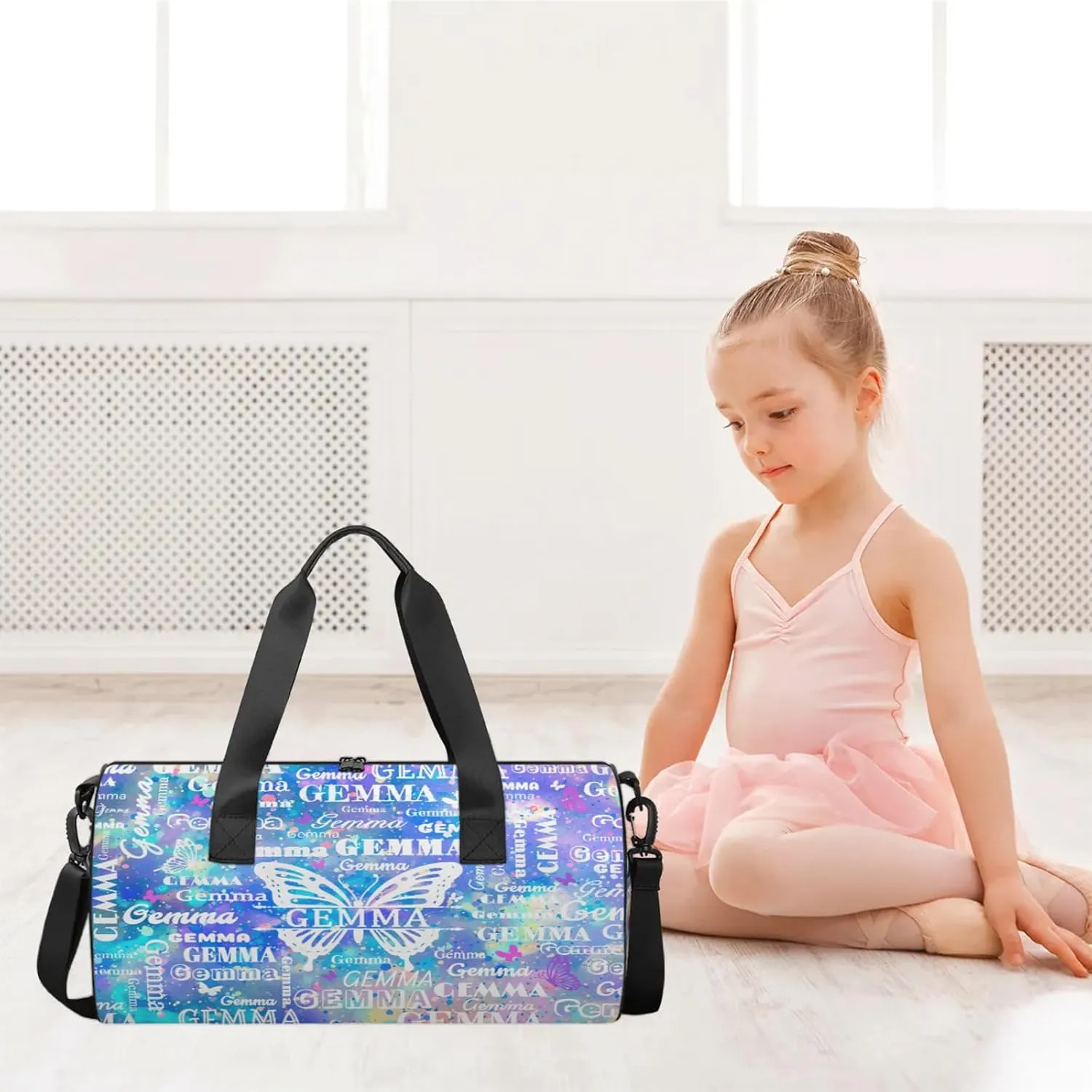 Custom Sport Duffel Bag with Name Butterfly Round Travel Overnight Bag for Women Men Waterproof Dance Ballet Bag Lightweight 17.6in, Blue