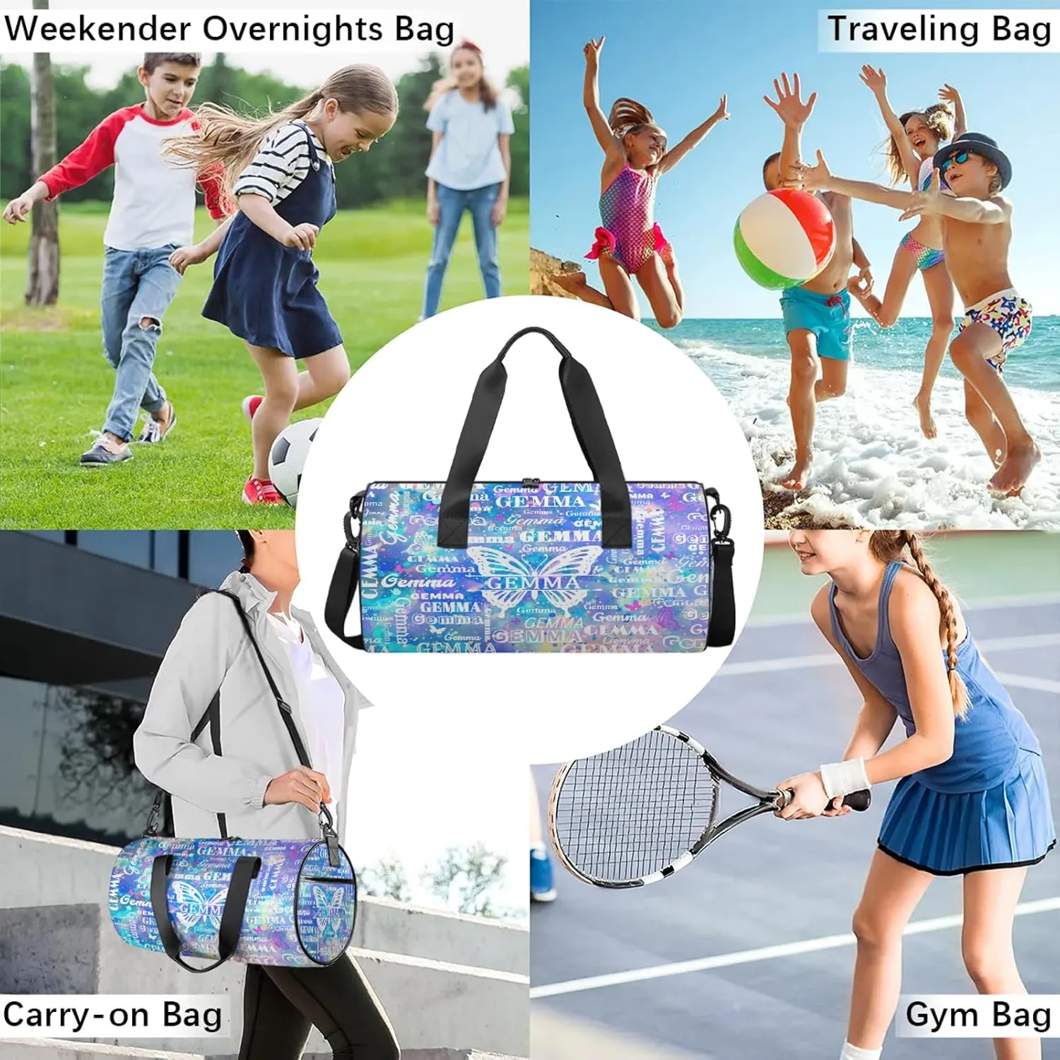 Custom Sport Duffel Bag with Name Butterfly Round Travel Overnight Bag for Women Men Waterproof Dance Ballet Bag Lightweight 17.6in, Blue