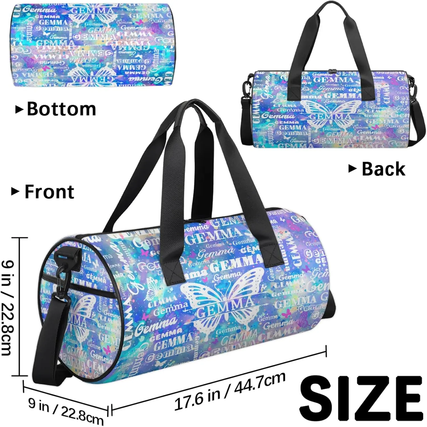 Custom Sport Duffel Bag with Name Butterfly Round Travel Overnight Bag for Women Men Waterproof Dance Ballet Bag Lightweight 17.6in, Blue