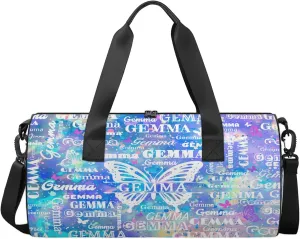 Custom Sport Duffel Bag with Name Butterfly Round Travel Overnight Bag for Women Men Waterproof Dance Ballet Bag Lightweight 17.6in, Blue