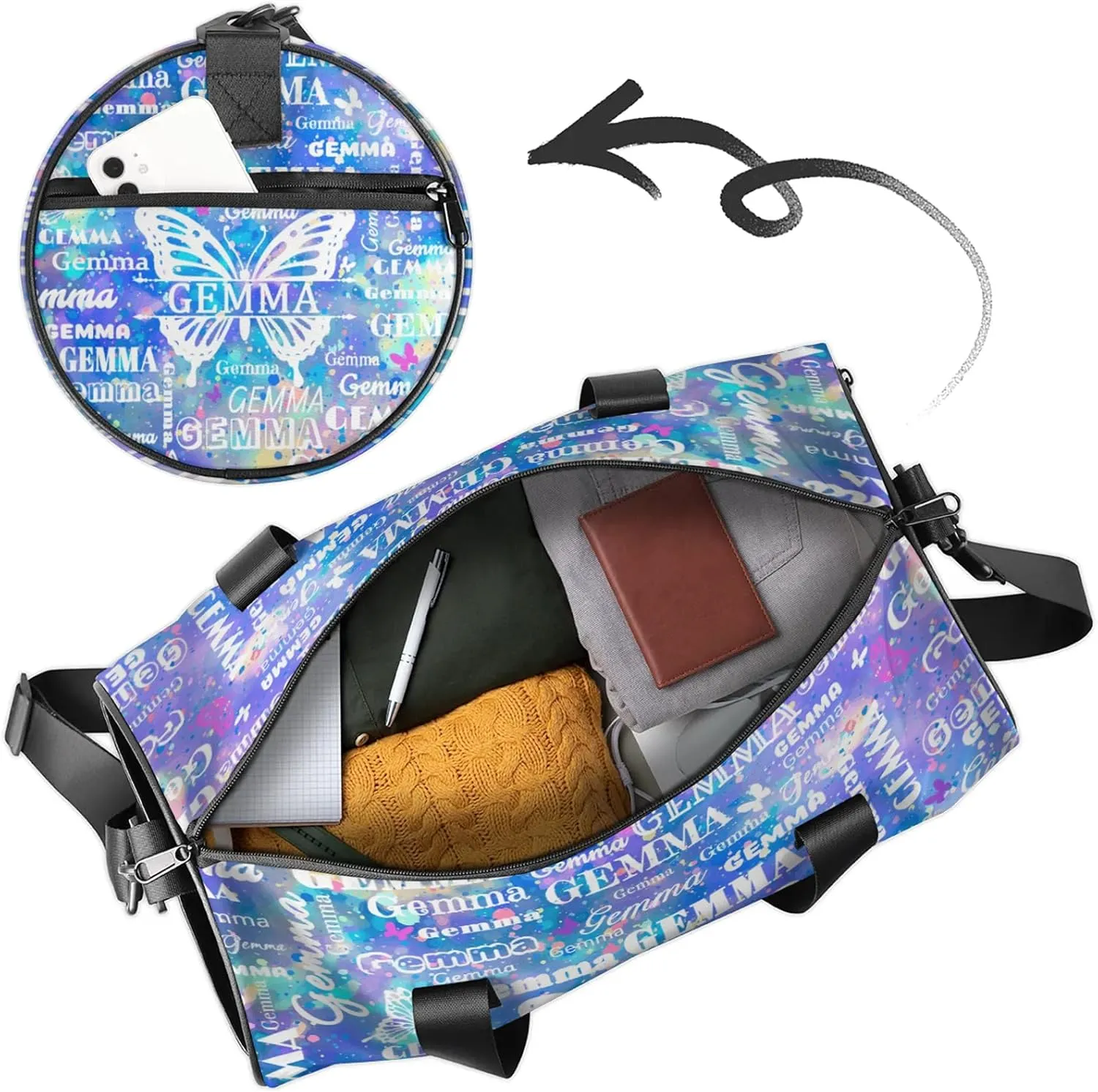 Custom Sport Duffel Bag with Name Butterfly Round Travel Overnight Bag for Women Men Waterproof Dance Ballet Bag Lightweight 17.6in, Blue