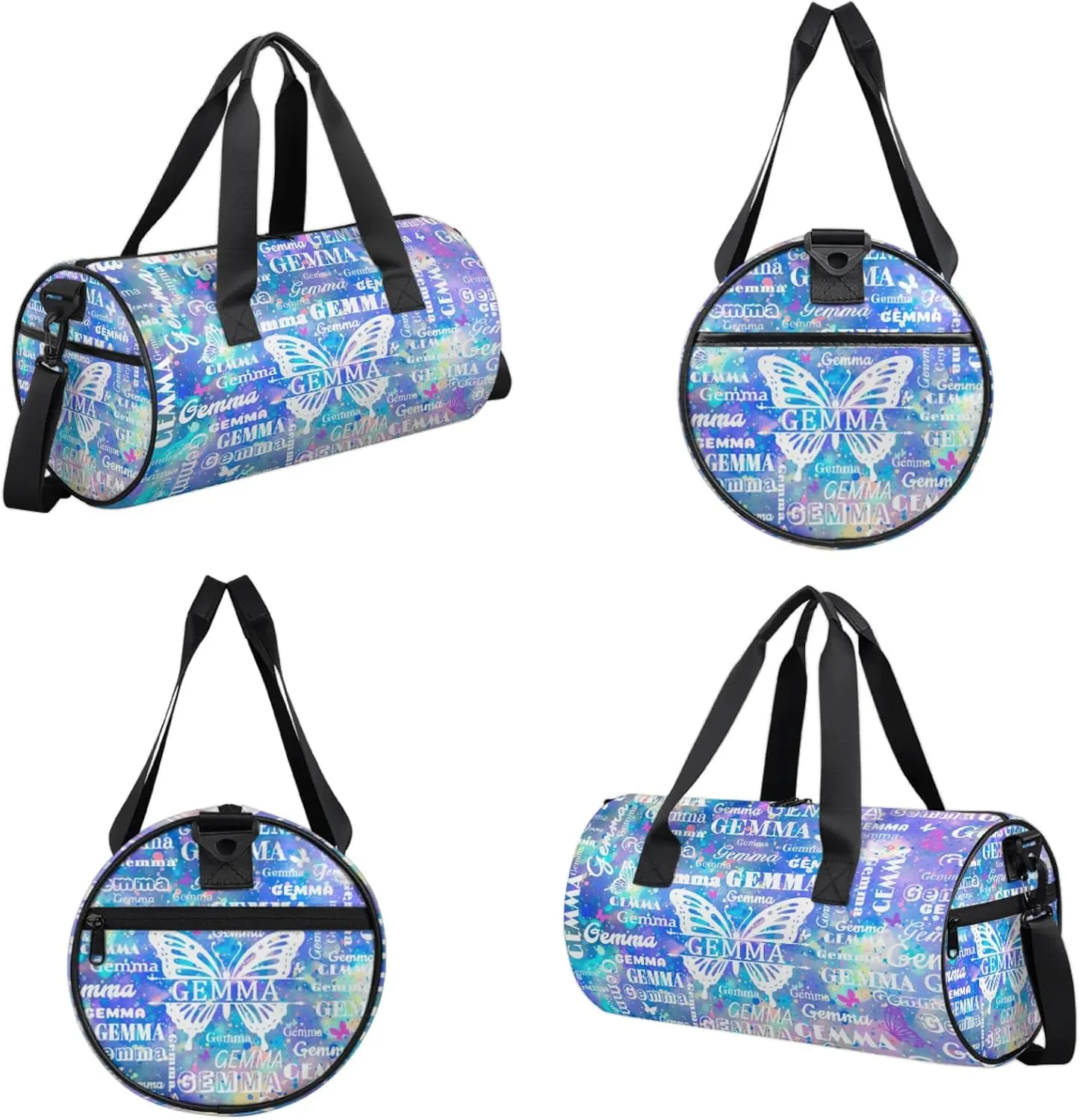 Custom Sport Duffel Bag with Name Butterfly Round Travel Overnight Bag for Women Men Waterproof Dance Ballet Bag Lightweight 17.6in, Blue