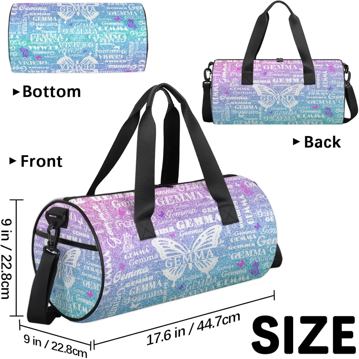 Custom Sport Duffel Bag with Name Butterfly Round Travel Overnight Bag for Women Men Waterproof Dance Ballet Bag Lightweight 17.6in, Gradient Blue