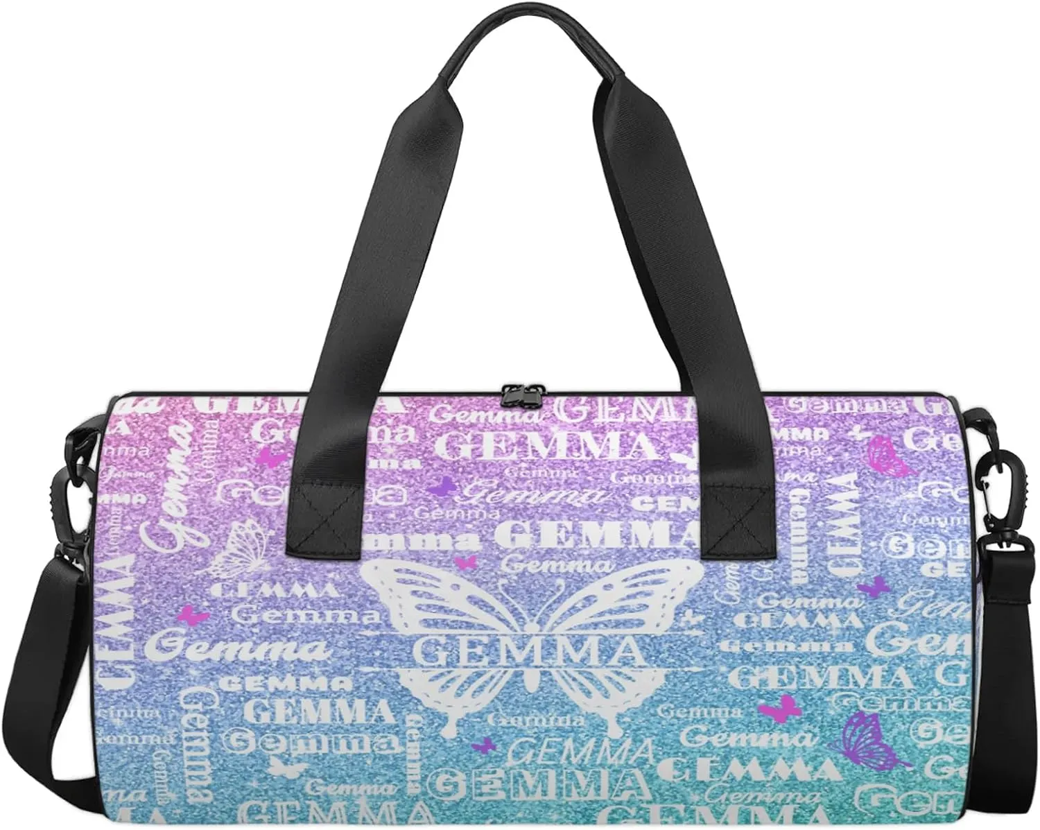 Custom Sport Duffel Bag with Name Butterfly Round Travel Overnight Bag for Women Men Waterproof Dance Ballet Bag Lightweight 17.6in, Gradient Blue