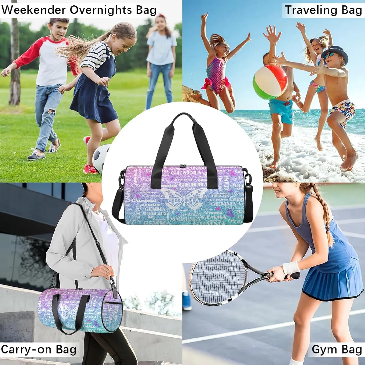 Custom Sport Duffel Bag with Name Butterfly Round Travel Overnight Bag for Women Men Waterproof Dance Ballet Bag Lightweight 17.6in, Gradient Blue