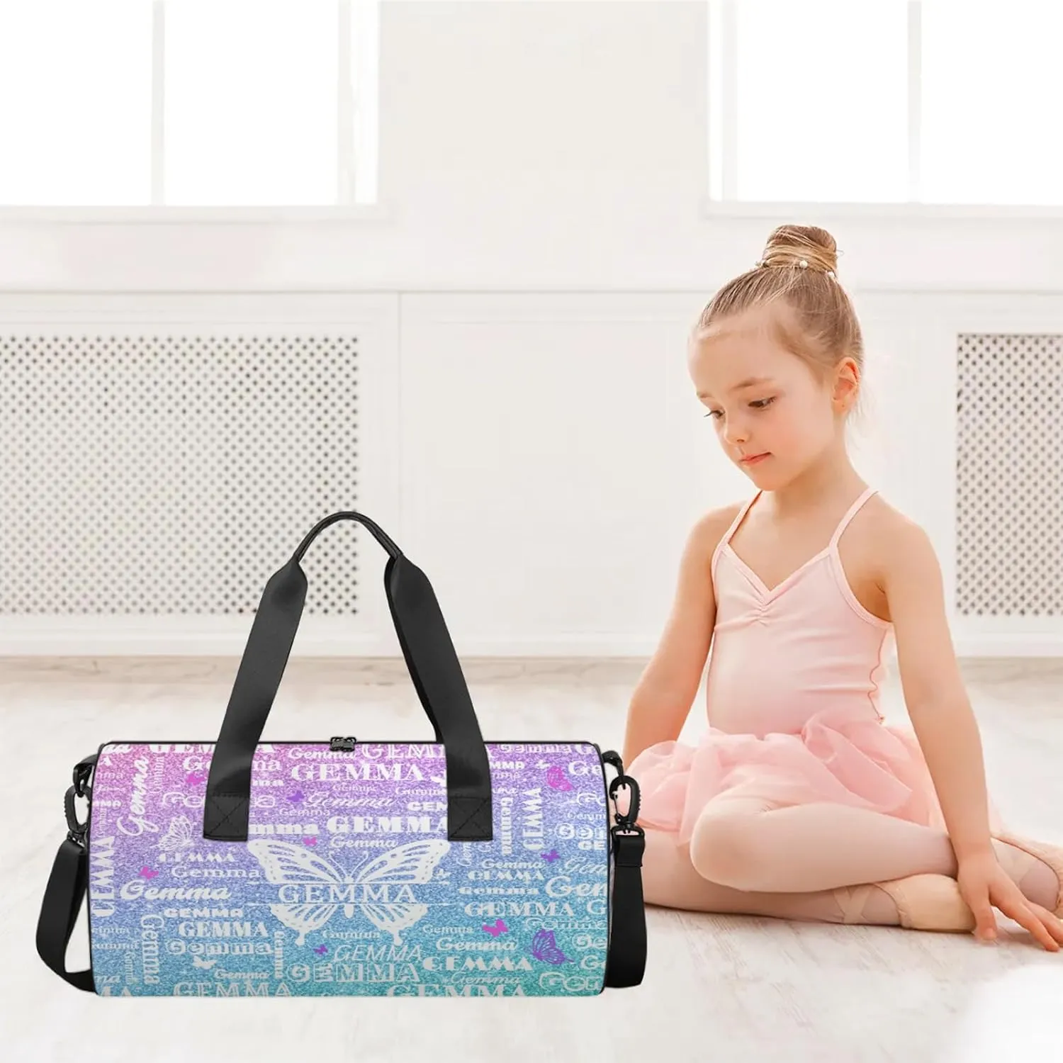 Custom Sport Duffel Bag with Name Butterfly Round Travel Overnight Bag for Women Men Waterproof Dance Ballet Bag Lightweight 17.6in, Gradient Blue
