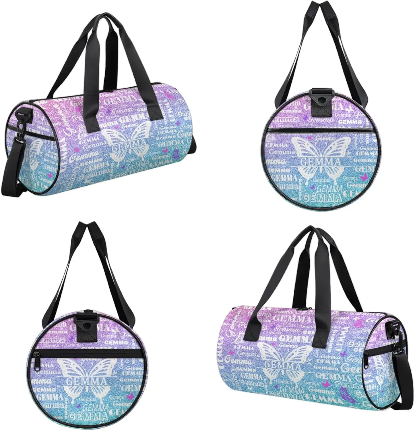 Custom Sport Duffel Bag with Name Butterfly Round Travel Overnight Bag for Women Men Waterproof Dance Ballet Bag Lightweight 17.6in, Gradient Blue