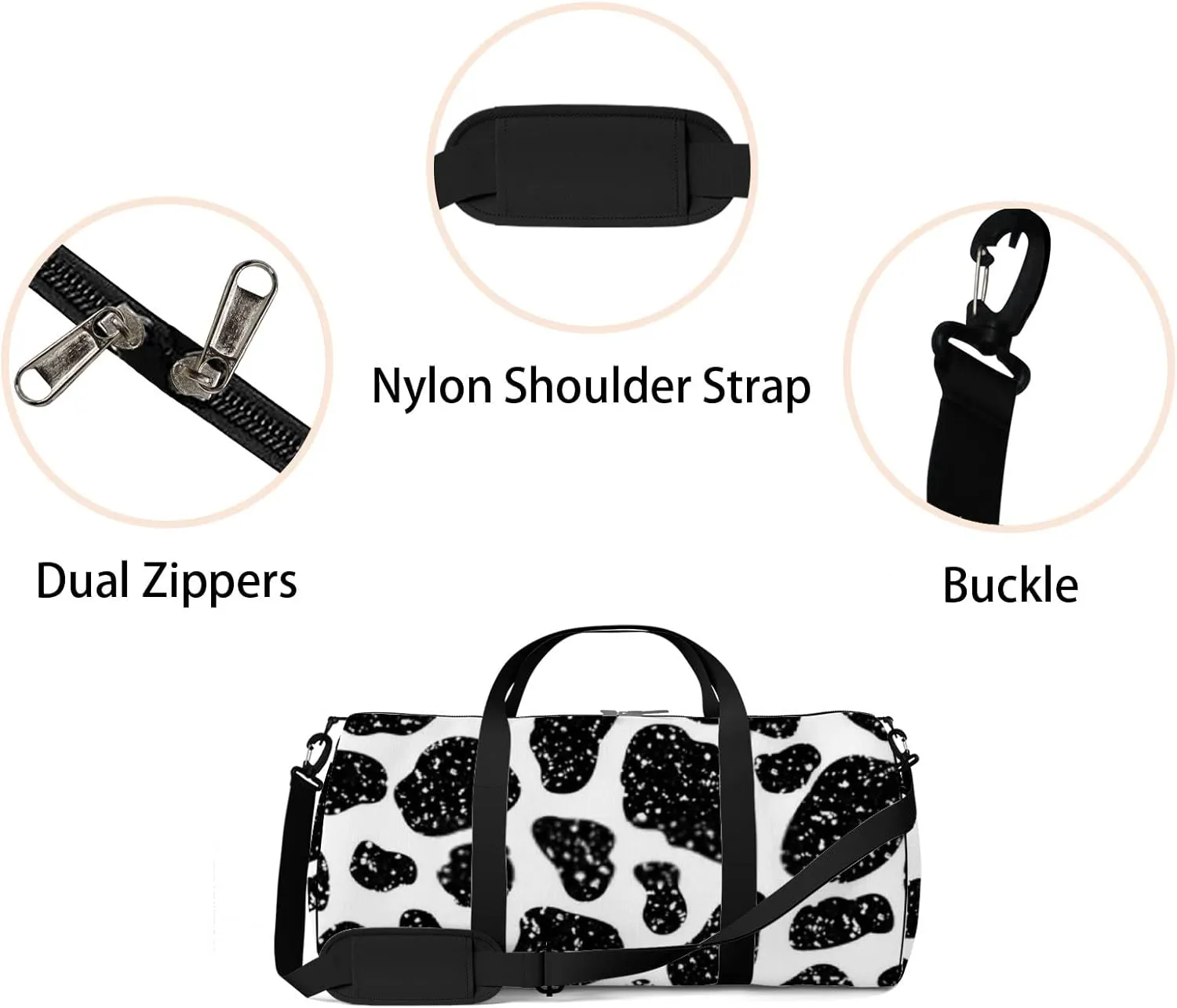 Cute Black and White Cow Print Sports Bag Tote Bag Waterproof Gym Bag with Shoulder Strap Zipper 2 Side Pockets for Men and Women, Travel and Storage Shoulder Bag.