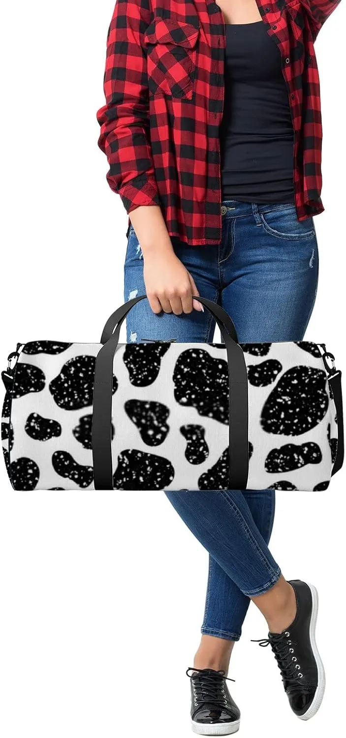 Cute Black and White Cow Print Sports Bag Tote Bag Waterproof Gym Bag with Shoulder Strap Zipper 2 Side Pockets for Men and Women, Travel and Storage Shoulder Bag.