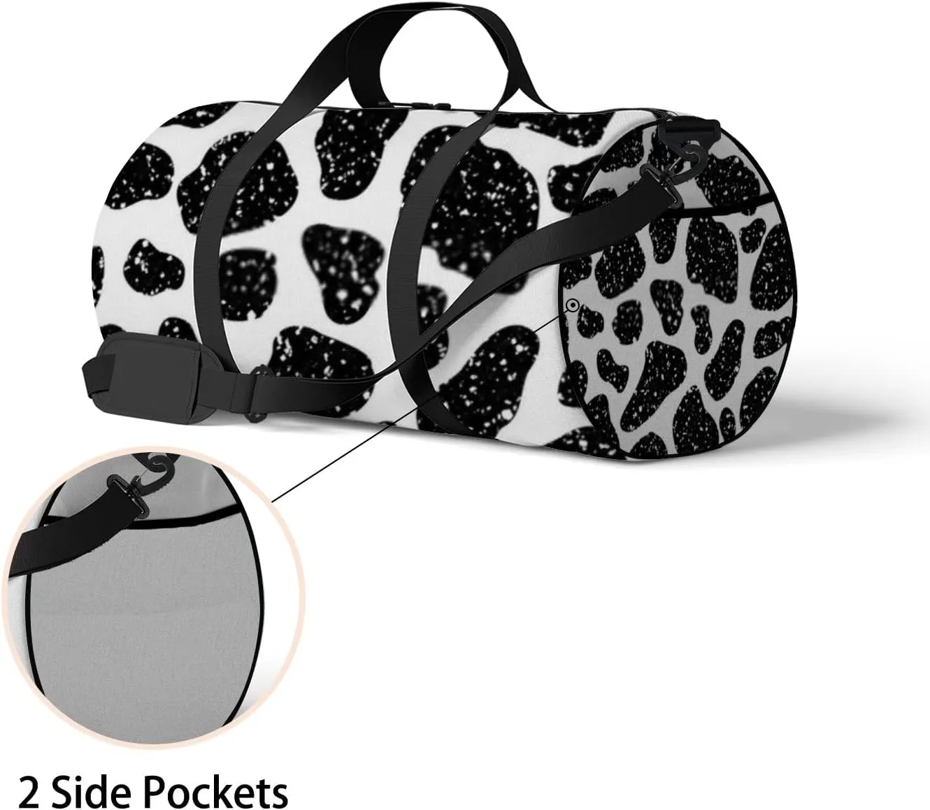 Cute Black and White Cow Print Sports Bag Tote Bag Waterproof Gym Bag with Shoulder Strap Zipper 2 Side Pockets for Men and Women, Travel and Storage Shoulder Bag.