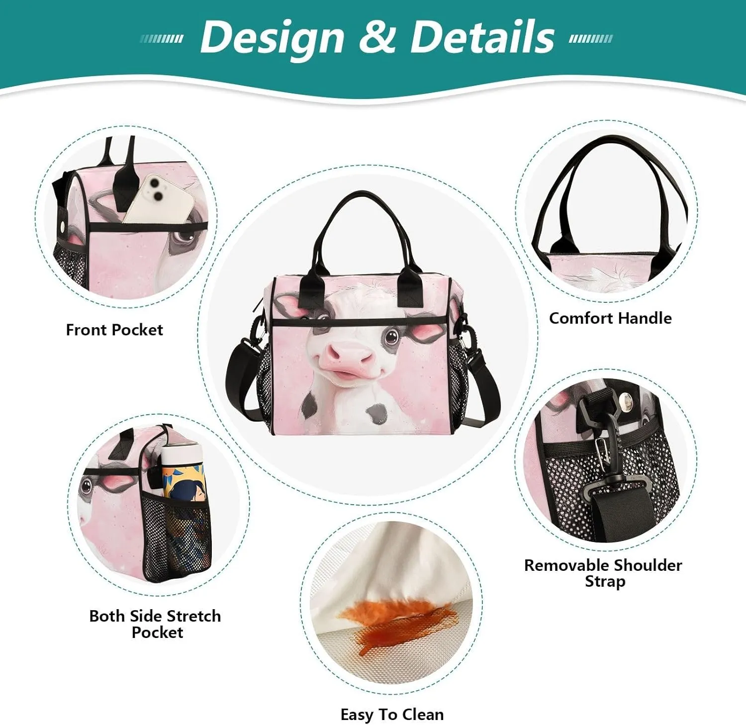 Cute Calf Pink Lunch Bag for Women Insulated Large Lunch Box with Adjustable Shoulder Strap for Office Work M
