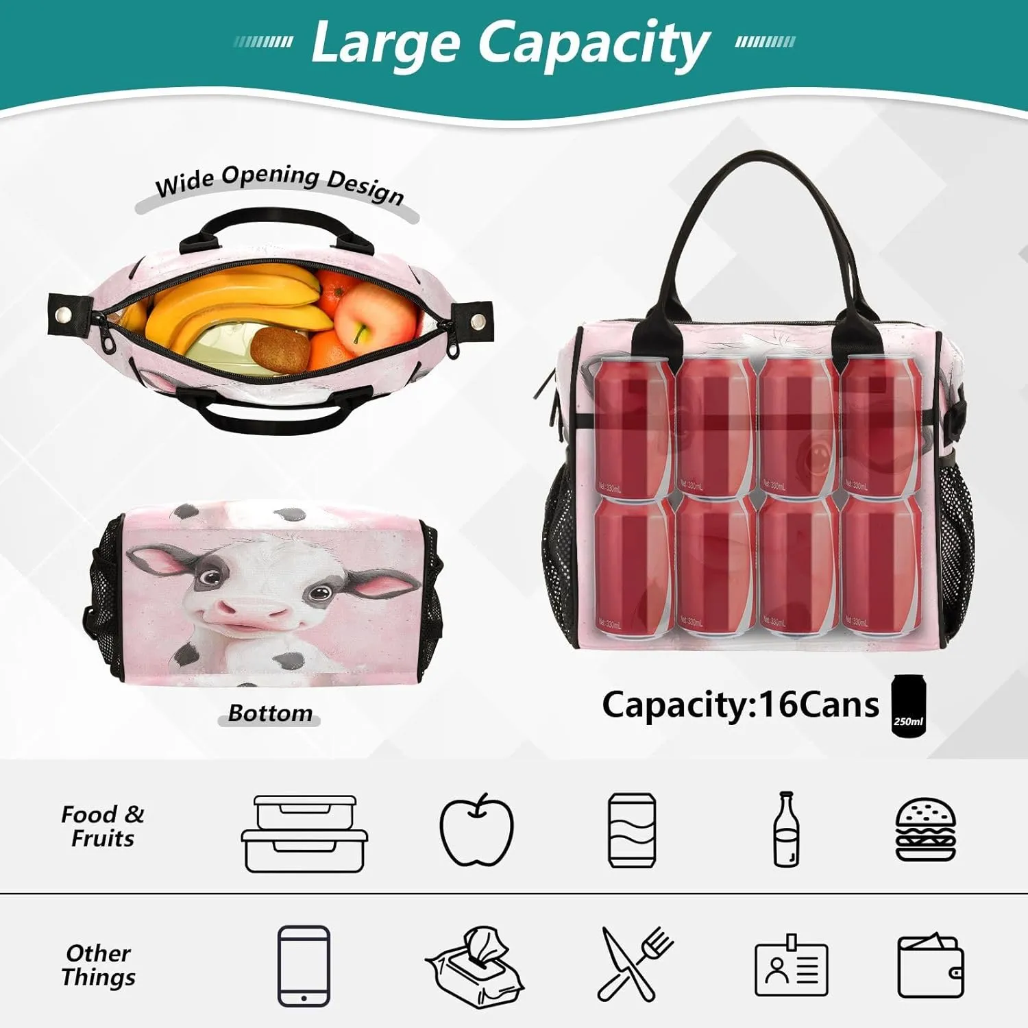 Cute Calf Pink Lunch Bag for Women Insulated Large Lunch Box with Adjustable Shoulder Strap for Office Work M