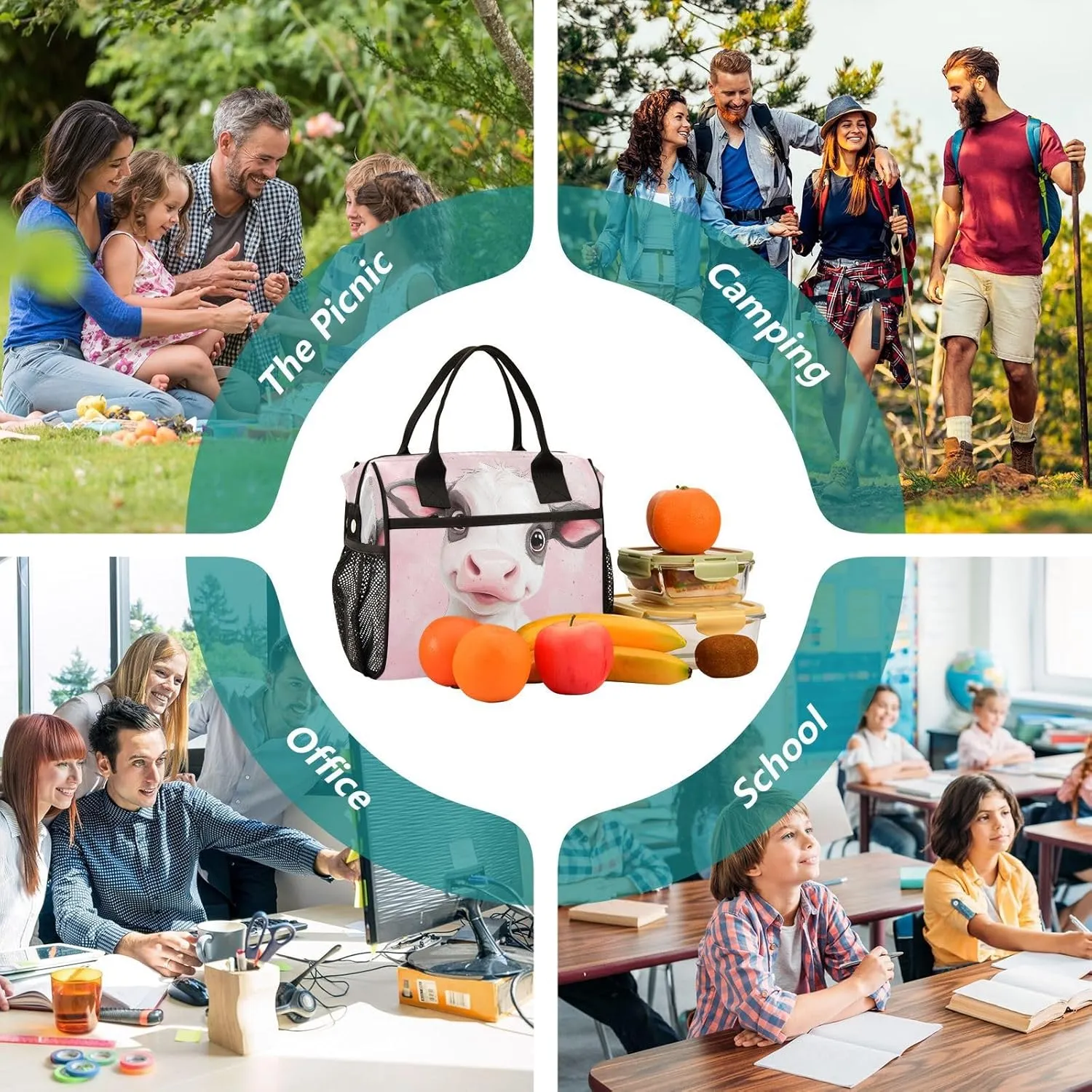 Cute Calf Pink Lunch Bag for Women Insulated Large Lunch Box with Adjustable Shoulder Strap for Office Work M