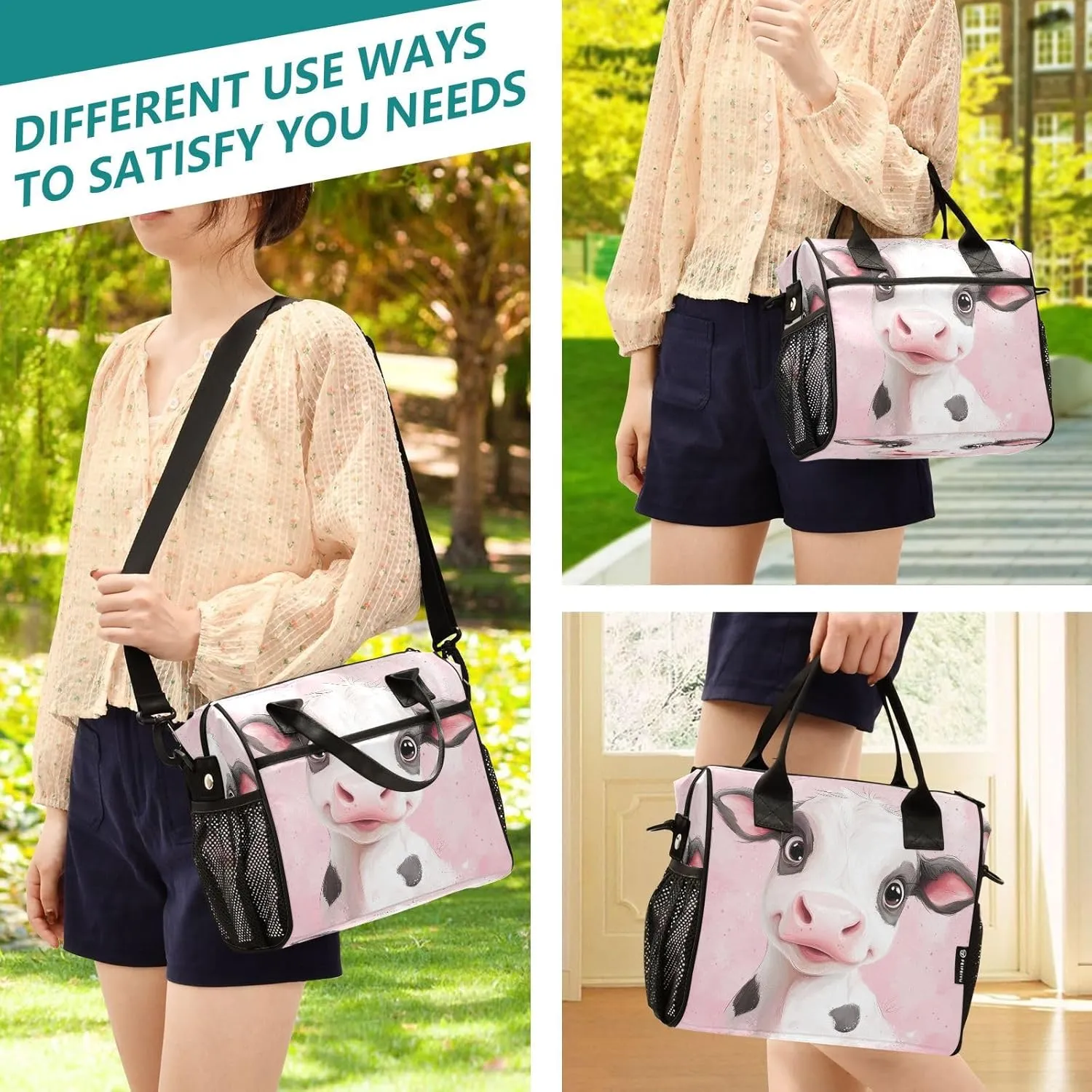 Cute Calf Pink Lunch Bag for Women Insulated Large Lunch Box with Adjustable Shoulder Strap for Office Work M