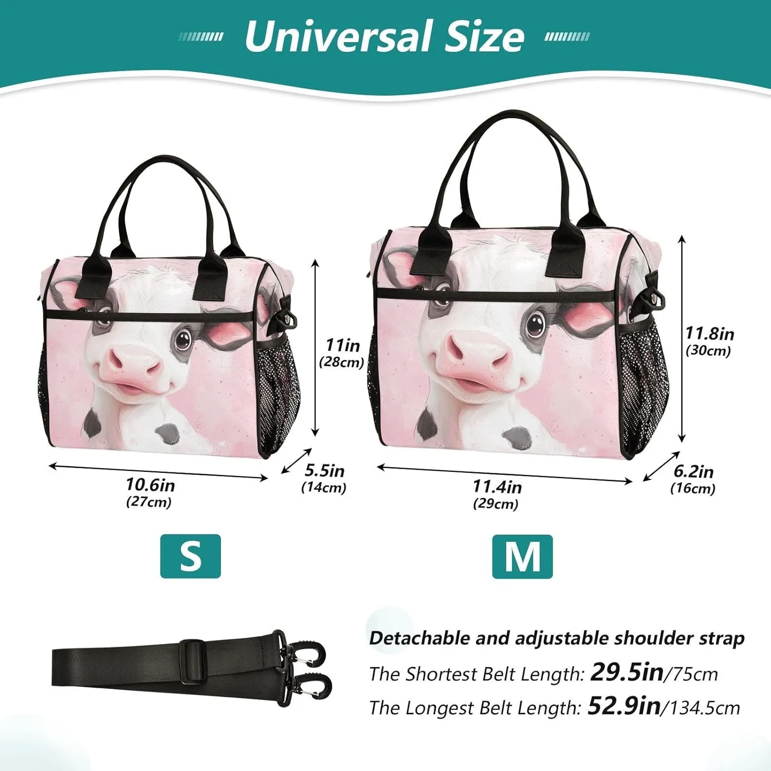 Cute Calf Pink Lunch Bag for Women Insulated Large Lunch Box with Adjustable Shoulder Strap for Office Work M