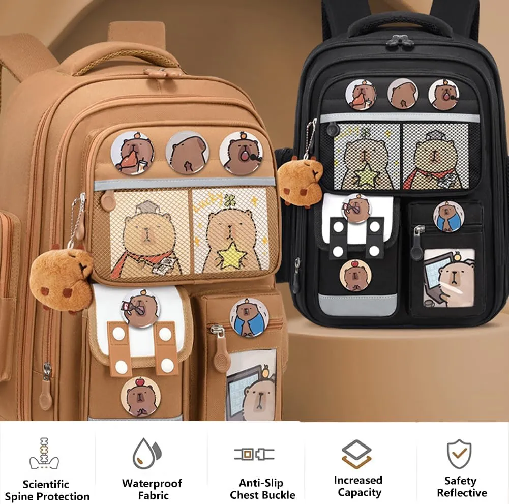Cute Capybara Backpack with Chic Case, Cartoon Large Capacity Backpack, Durable Casual Bag, Suitable for Junior High Students (Brown-B, Small)