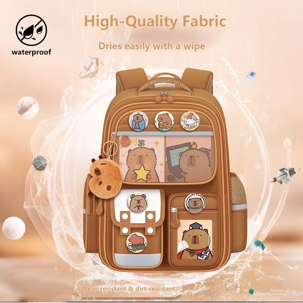 Cute Capybara Backpack with Chic Case, Cartoon Large Capacity Backpack, Durable Casual Bag, Suitable for Junior High Students (Brown-B, Small)