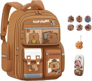 Cute Capybara Backpack with Chic Case, Cartoon Large Capacity Backpack, Durable Casual Bag, Suitable for Junior High Students (Brown-B, Small)