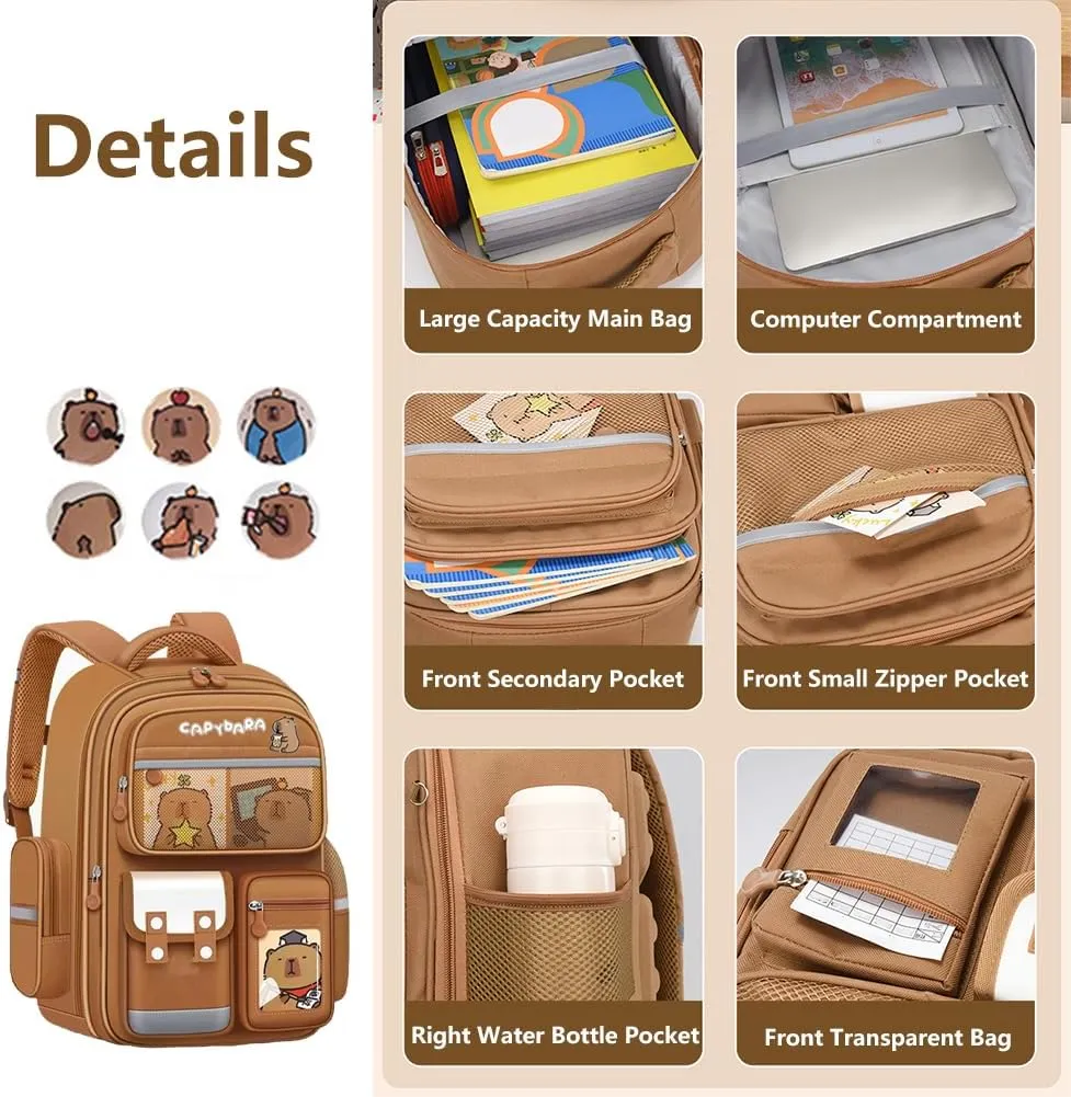 Cute Capybara Backpack with Chic Case, Cartoon Large Capacity Backpack, Durable Casual Bag, Suitable for Junior High Students (Brown-B, Small)