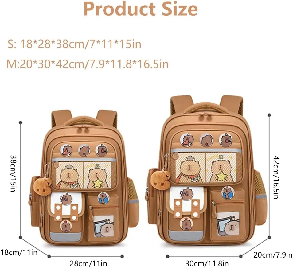 Cute Capybara Backpack with Chic Case, Cartoon Large Capacity Backpack, Durable Casual Bag, Suitable for Junior High Students (Brown-B, Small)