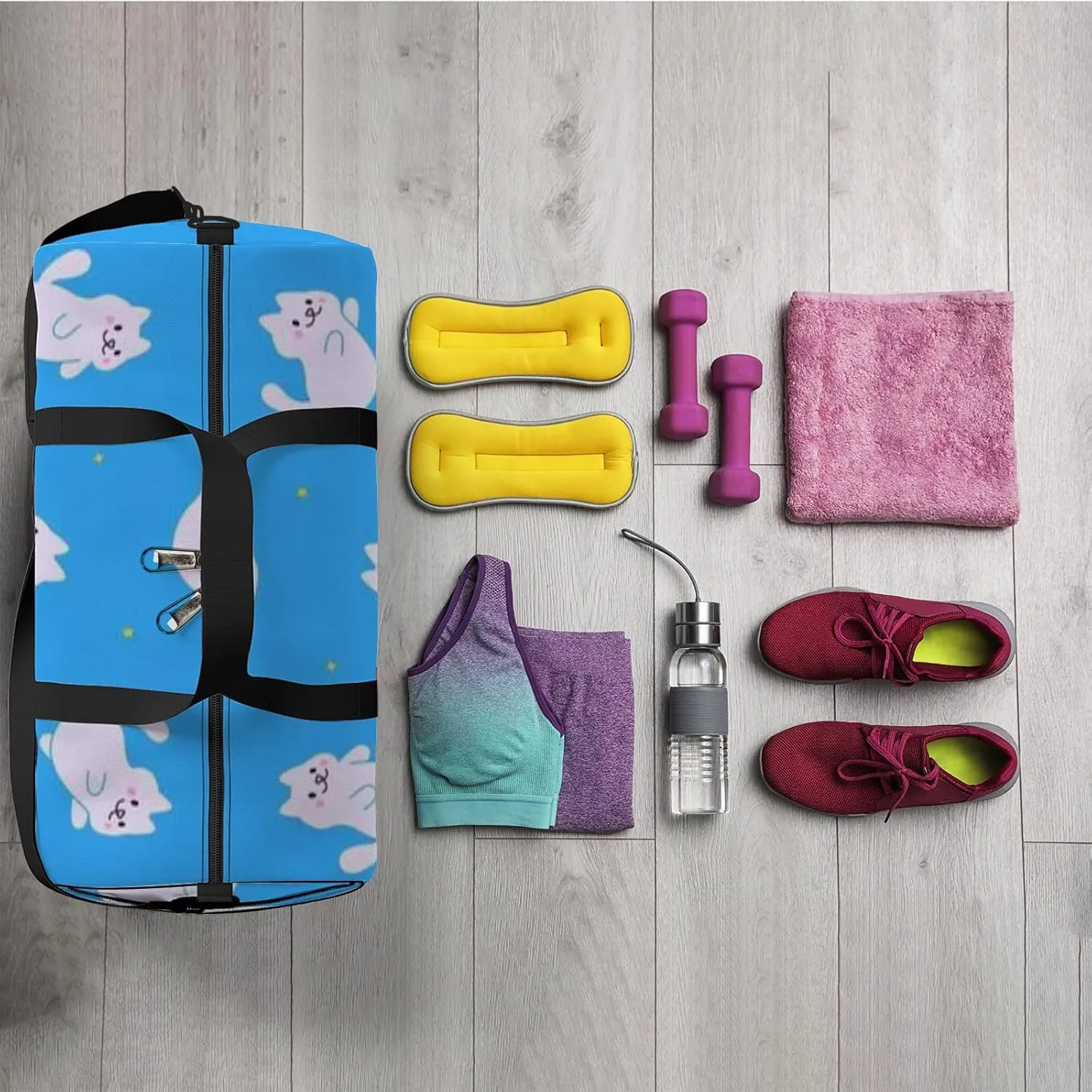 Cute Cartoon Cats Flying in Blue Sky Space Sports Bag Tote Bag Waterproof Gym Bag with Shoulder Strap Zipper 2 Side Pockets for Men and Women, Travel and Storage Shoulder Bag.