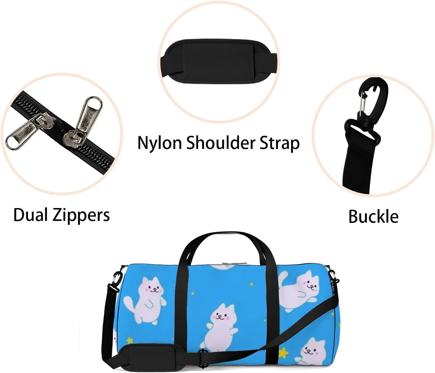Cute Cartoon Cats Flying in Blue Sky Space Sports Bag Tote Bag Waterproof Gym Bag with Shoulder Strap Zipper 2 Side Pockets for Men and Women, Travel and Storage Shoulder Bag.