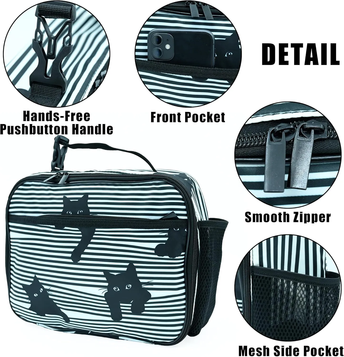 Cute Cat Striped Black White Lunch Box Insulated Reusable Lunch Bag Tote Cooler for Women Men Boy Girl School Work Office Picnic