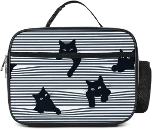 Cute Cat Striped Black White Lunch Box Insulated Reusable Lunch Bag Tote Cooler for Women Men Boy Girl School Work Office Picnic