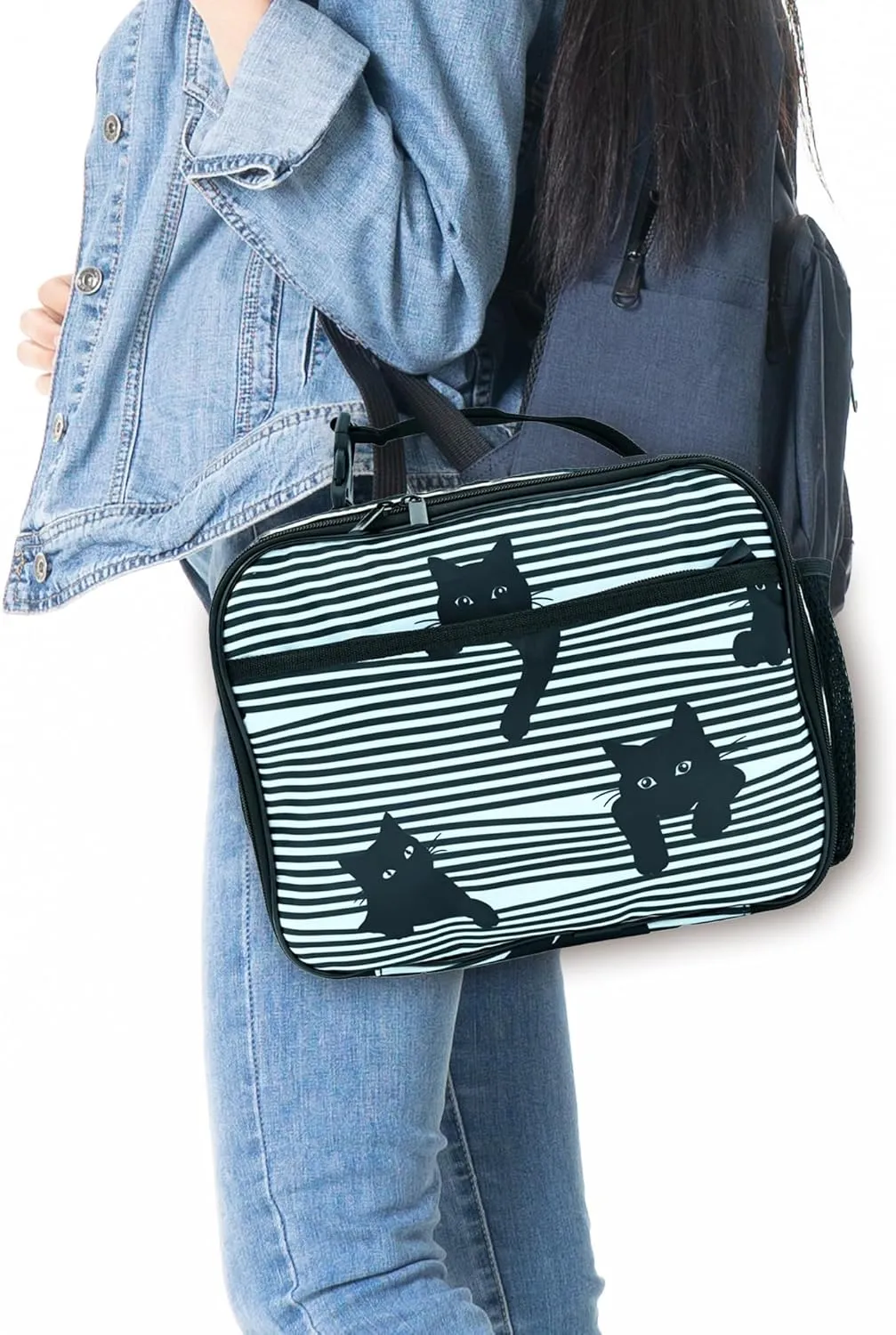Cute Cat Striped Black White Lunch Box Insulated Reusable Lunch Bag Tote Cooler for Women Men Boy Girl School Work Office Picnic