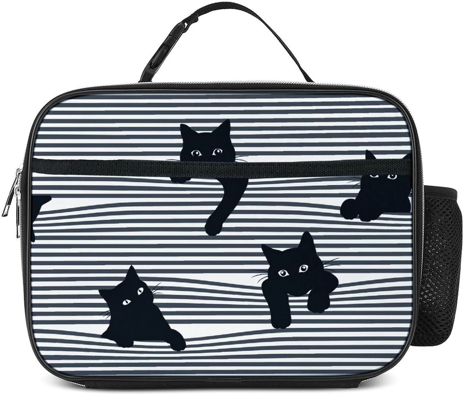 Cute Cat Striped Black White Lunch Box Insulated Reusable Lunch Bag Tote Cooler for Women Men Boy Girl School Work Office Picnic