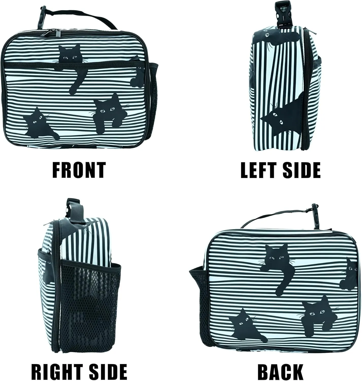 Cute Cat Striped Black White Lunch Box Insulated Reusable Lunch Bag Tote Cooler for Women Men Boy Girl School Work Office Picnic