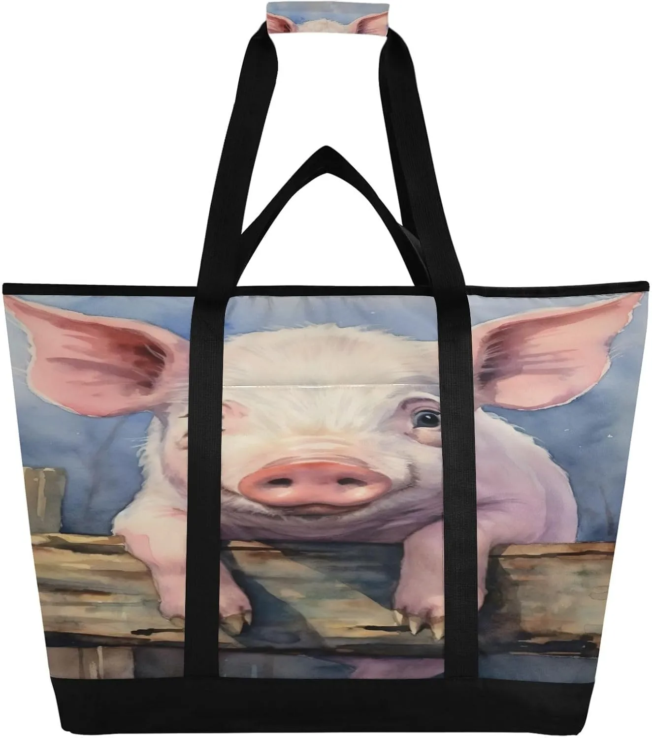 Cute Little White Pig Reusable Insulated Lunchbox Cooler Bag, Leakproof Kitchen Grocery Bag Collapsible Portable Cooler Tote Bag for Picnic, Camping, Office, Travel