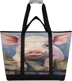 Cute Little White Pig Reusable Insulated Lunchbox Cooler Bag, Leakproof Kitchen Grocery Bag Collapsible Portable Cooler Tote Bag for Picnic, Camping, Office, Travel