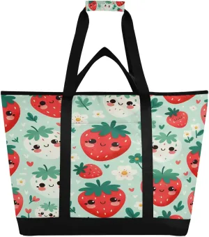 Cute Strawberry Cartoon Reusable Insulated Lunchbox Cooler Bag, Leakproof Kitchen Grocery Bag Collapsible Portable Cooler Tote Bag for Picnic, Camping, Office, Travel