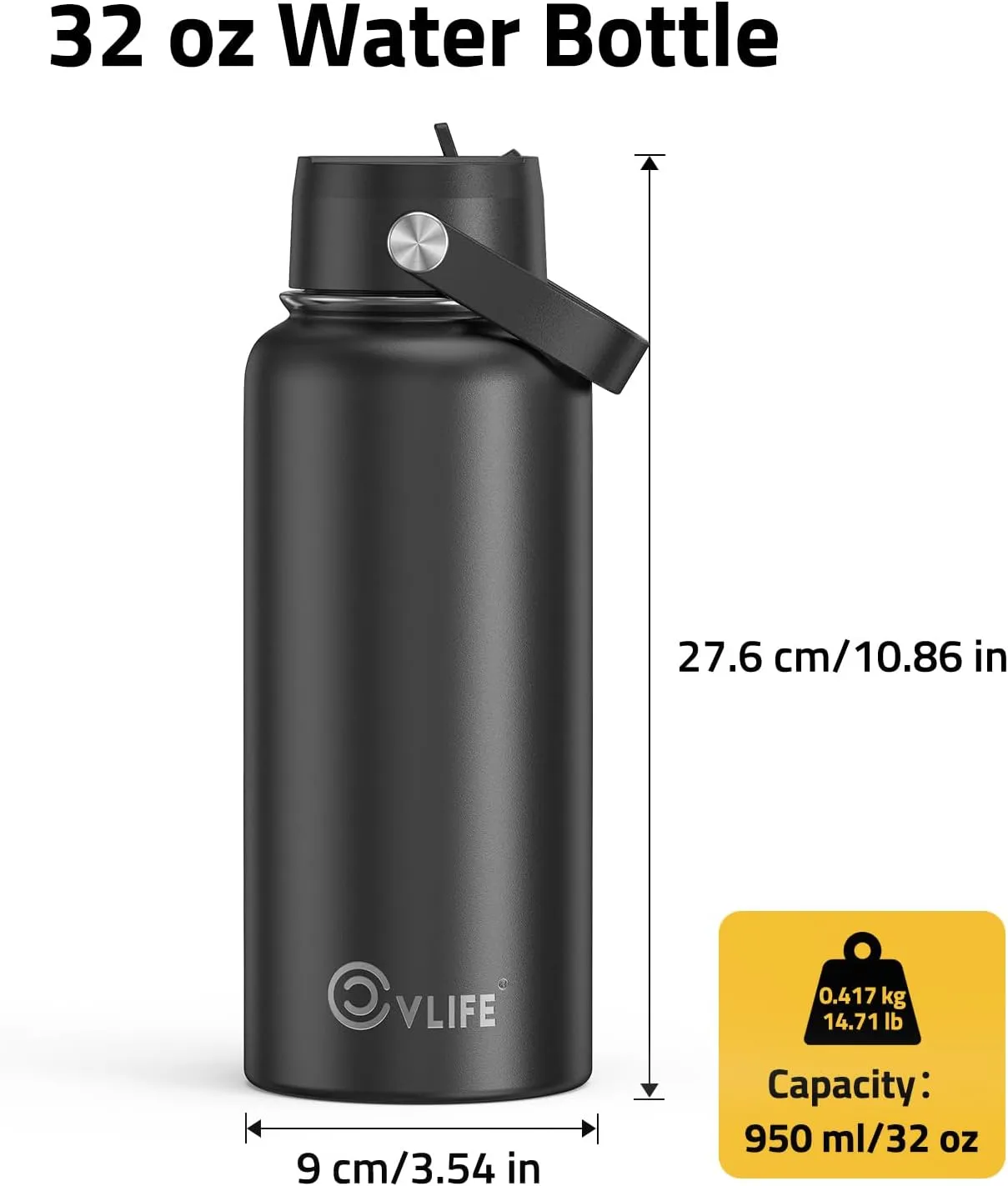 CVLIFE 32 Oz Insulated Water Bottle with Straw, Leak Proof Stainless Steel Thermos for Cold and Hot Drinks, Metal Travel Bottles for Gym and Sports (Black)​