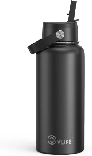 CVLIFE 32 Oz Insulated Water Bottle with Straw, Leak Proof Stainless Steel Thermos for Cold and Hot Drinks, Metal Travel Bottles for Gym and Sports (Black)​