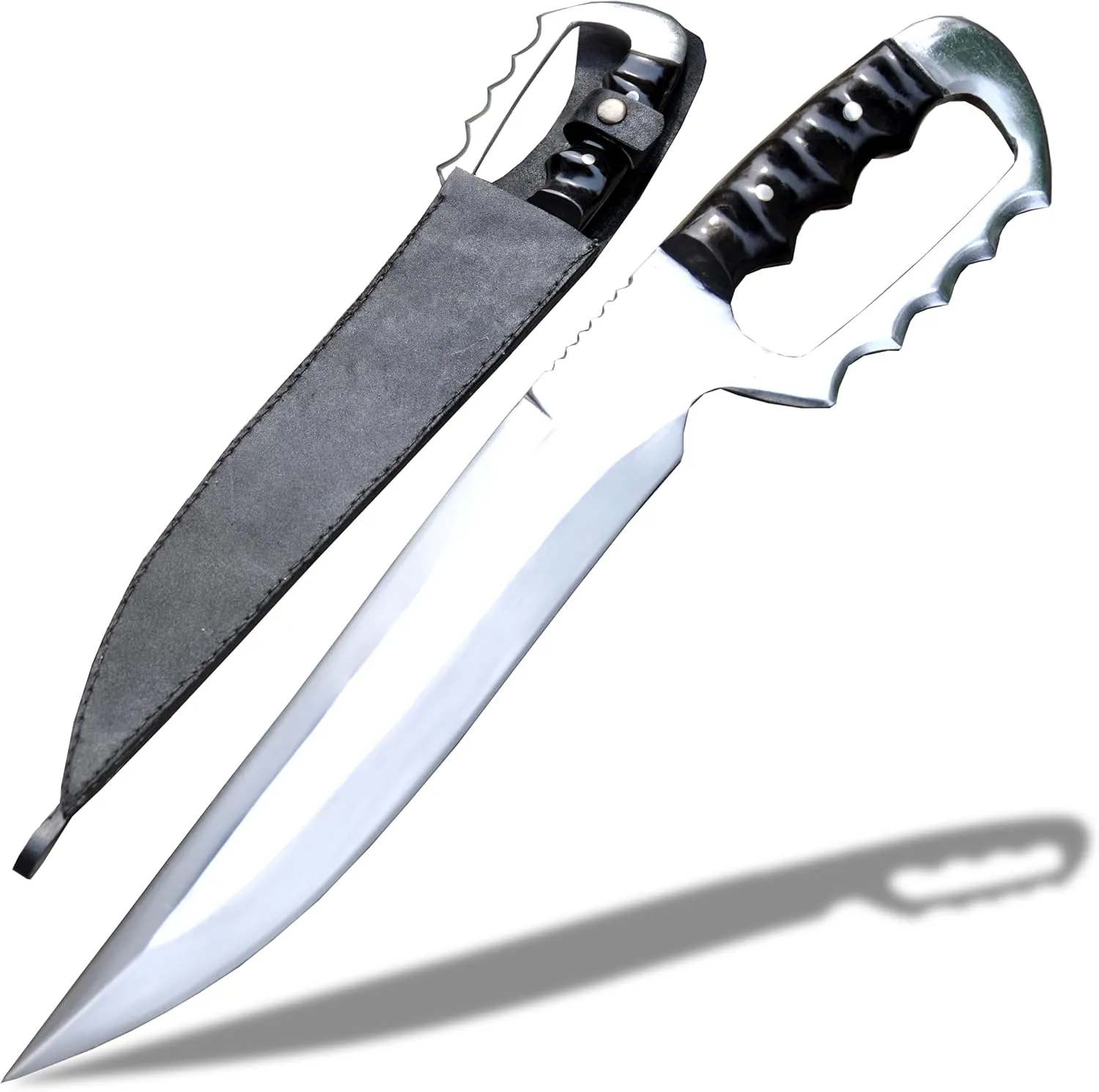 D-Guard Hand Forged Bowie Knife with Leather Scabbard-12 inches Long Blade Dagger-Full tang-Hunting, camping, Survival tactical knife-large knife