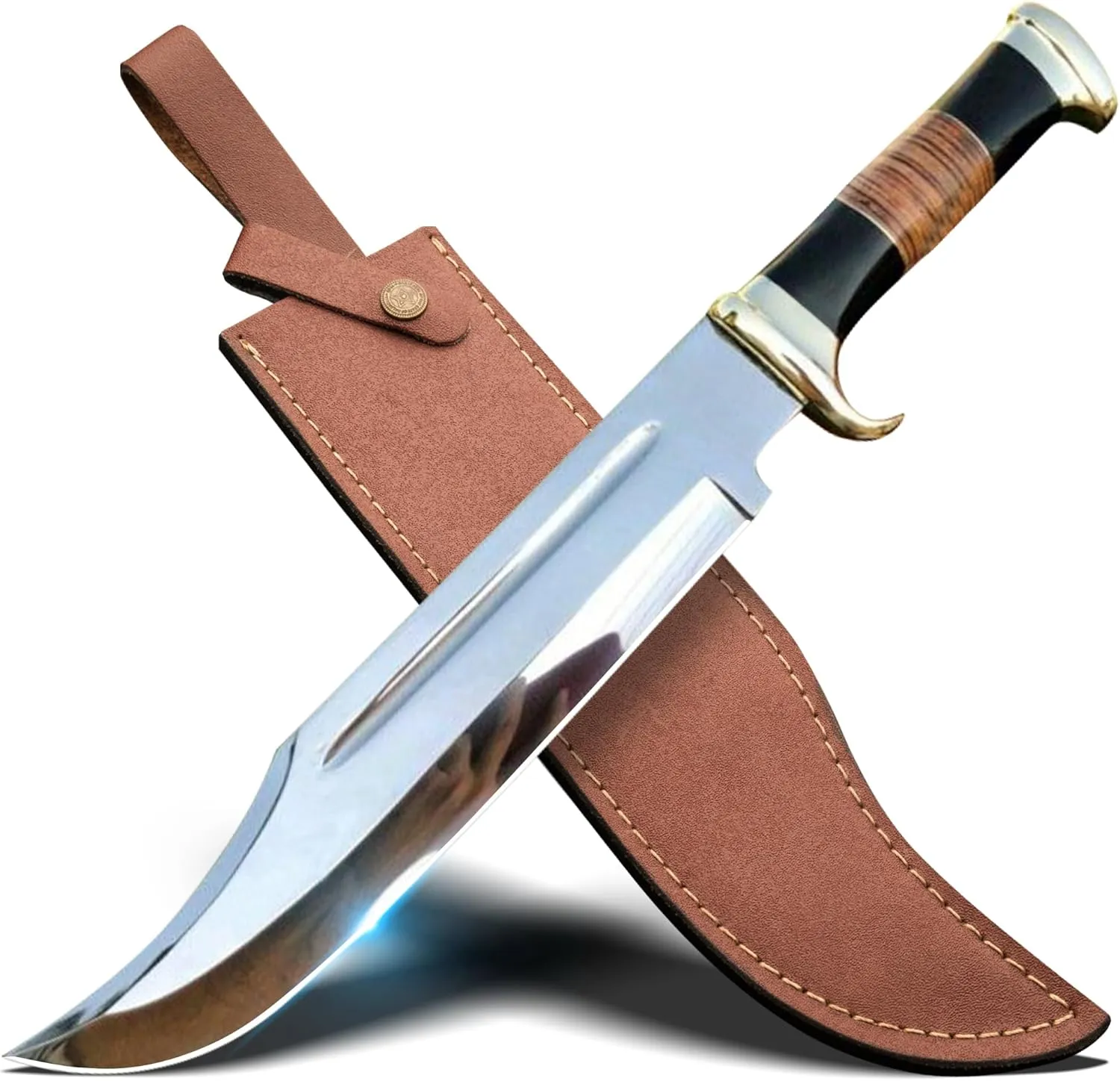 D2 18 Inches Large Crocodile Dundee Bowie Knife with Leather Sheath Big Survival Fixed Blade Knife with Leather and Horn Handle for Outdoor Camping Knives For Men