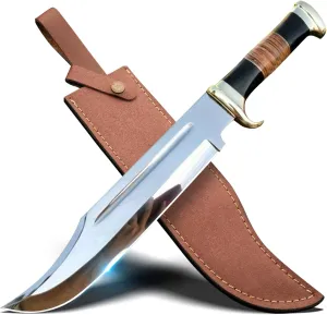D2 18 Inches Large Crocodile Dundee Bowie Knife with Leather Sheath Big Survival Fixed Blade Knife with Leather and Horn Handle for Outdoor Camping Knives For Men