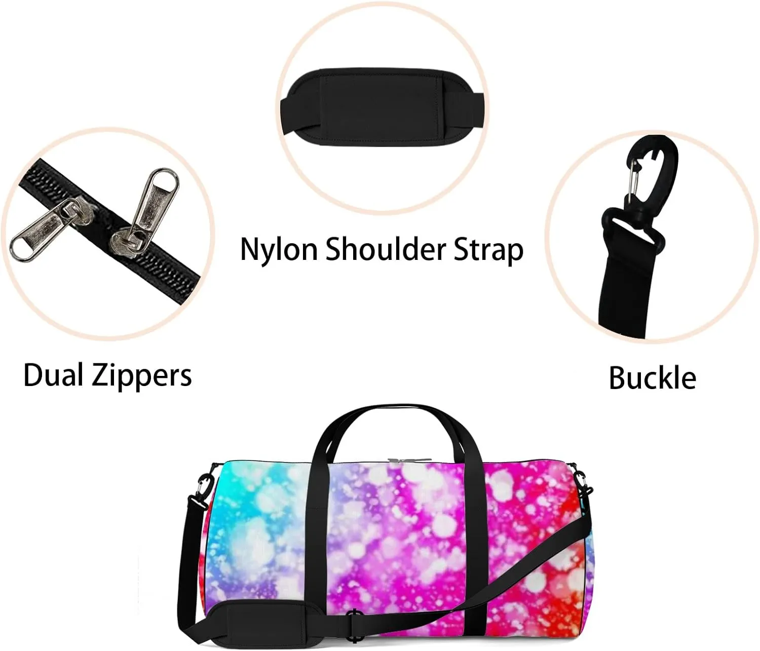 Dark Colorful Sparkle Rays Lights Bokeh Sports Bag Tote Bag Waterproof Gym Bag with Shoulder Strap Zipper 2 Side Pockets for Men and Women, Travel and Storage Shoulder Bag.