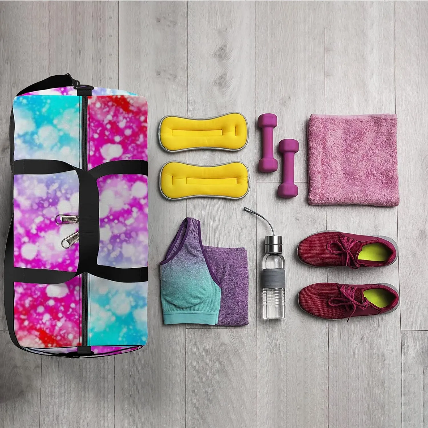 Dark Colorful Sparkle Rays Lights Bokeh Sports Bag Tote Bag Waterproof Gym Bag with Shoulder Strap Zipper 2 Side Pockets for Men and Women, Travel and Storage Shoulder Bag.