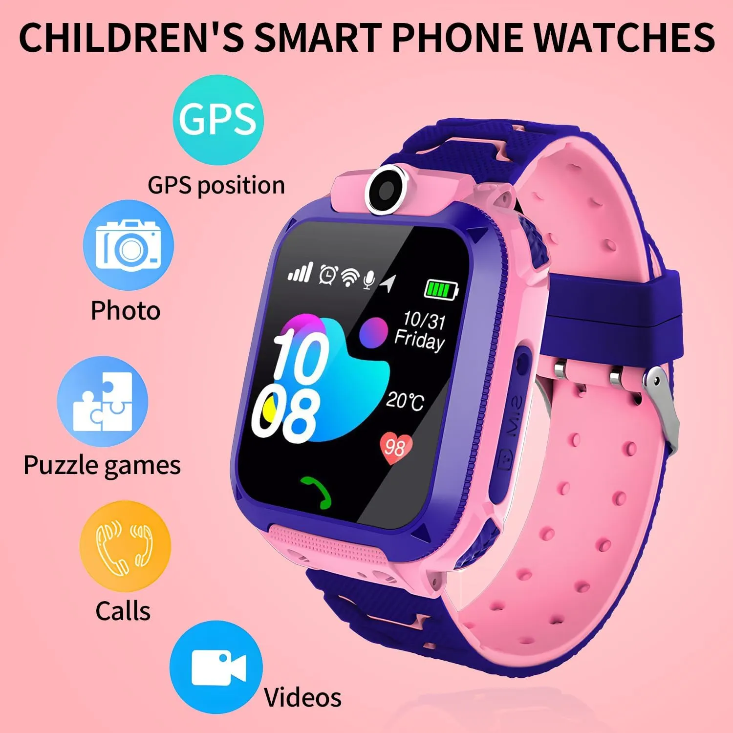 DDD Kids Smart Watch GPS Tracker,2G SIM Card for Calls,7-Day Battery IP67 Waterproof SOS Call - No Game Distraction - Birthday Gift for Girls (Pink)