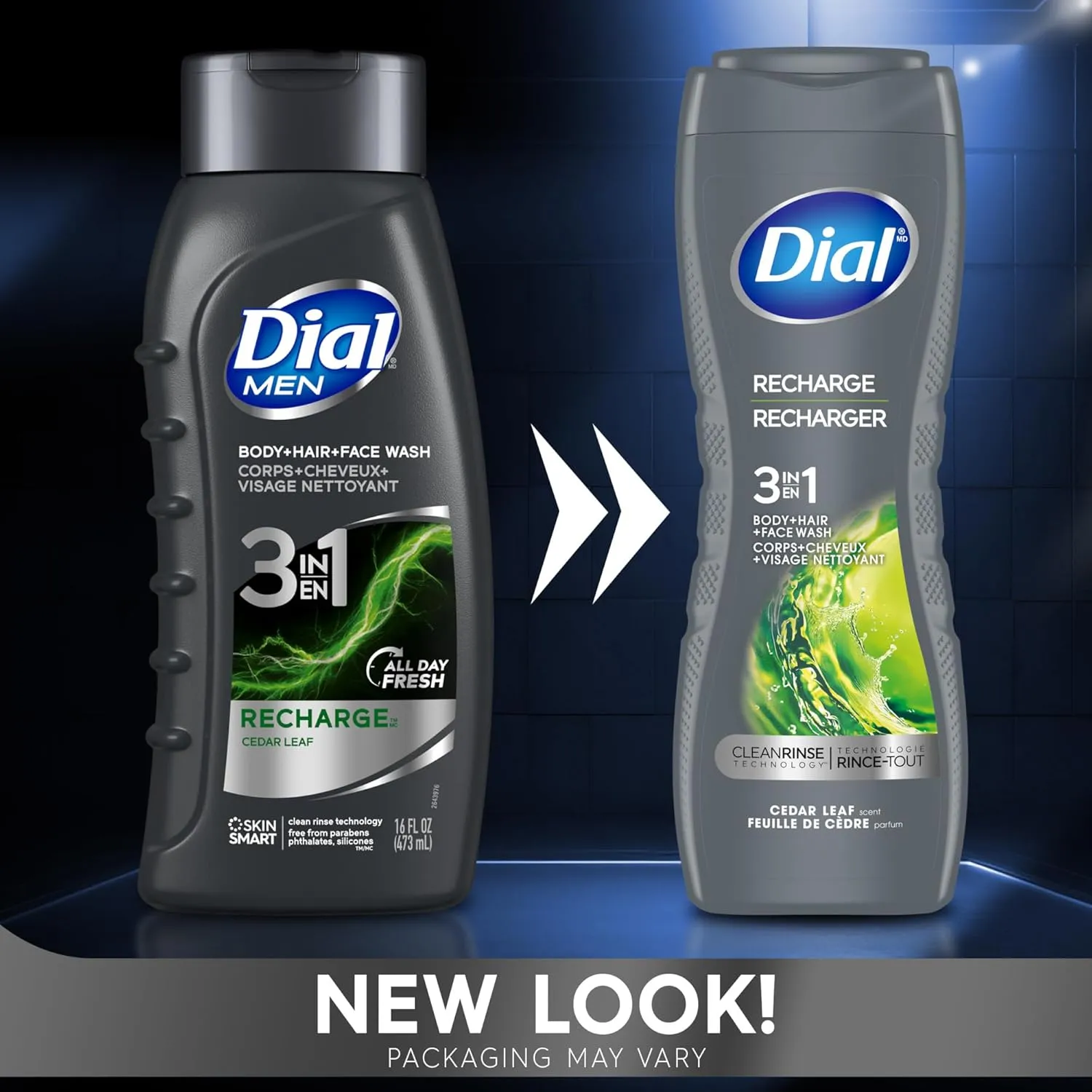 Dial Men 3in1 Body, Hair and Face Wash, Recharge, Cedar Leaf Scent, 16 fl oz, Pack of 4